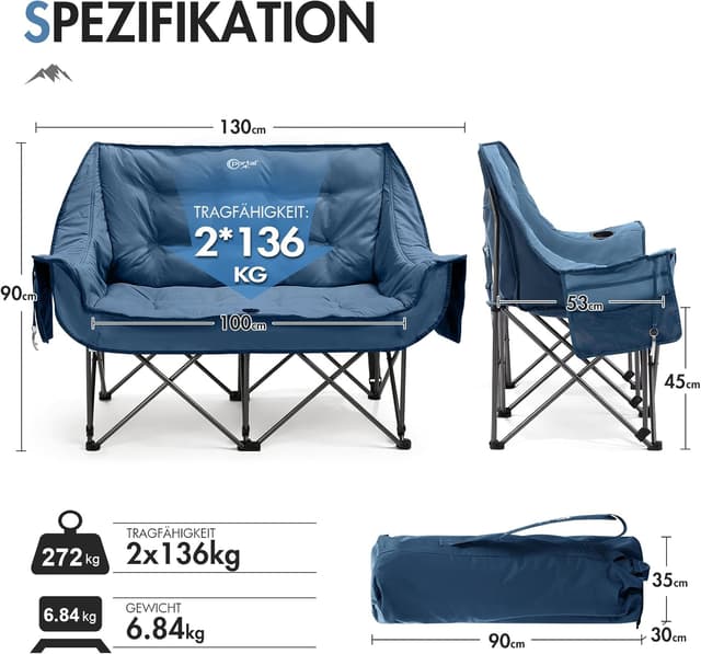 Detalle de Portal faltbarer Campingsofa für 2 Personen mit hoher Rückenlehne (bis 272 kg) inkl. Lagerungstasche