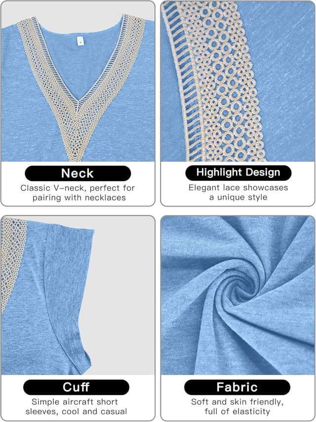 Detalle de PLOKNRD T-shirt d’été pour femme à manches courtes, col en V et dentelle