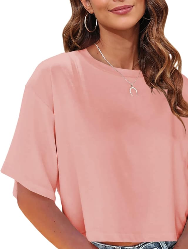 Detalle de Tankaneo Women Half Sleeve Cropped T-Shirts (Drop Shoulder, Round Neck) — Casual Summer Basic Tees