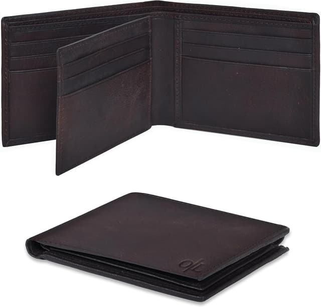 Detalle de Oak Leathers brown leather bi-fold wallet for men with 9 card slots and RFID blocking