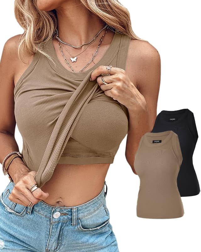 Detalle de CHICME 2-Piece Built-In Bra Ribbed Tank Tops for Women (Racerback Fitness Workout Tops)