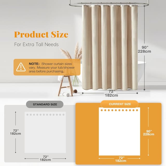 Detalle de BTTN Extra Long Fabric Shower Curtain (72 x 90 Inch) with 12 Plastic Hooks, Linen Textured Heavy-Duty Shower Curtain Set in Beige/Cream