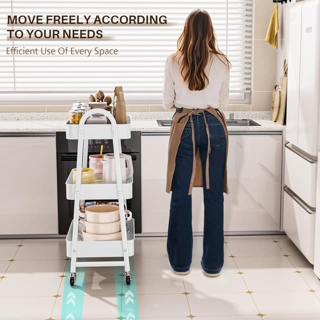 Detalle 2 de StowBin 3-Tier Metal Storage Trolley with Wheels – Rolling Utility Cart with Handle and Mesh Shelves (White)