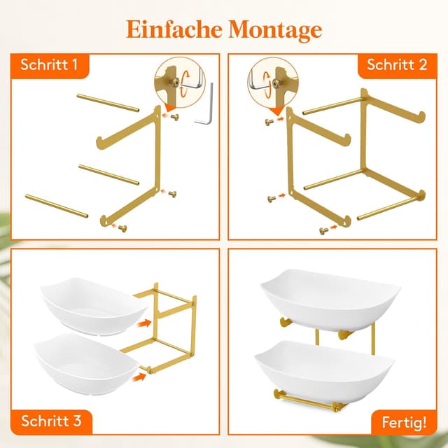 Thumbnail 6 de Lifewit Obst-Etagere mit 2 Etagen und Metallständer – Obstschalen aus PET, weiß & goldfarben
