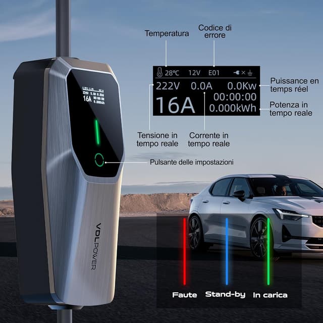 Detalle 2 de VDLPOWEREU caricatore EV portatile 11 kW con presa trifase Tipo 2 (5 pin), cavo 5 metri regolabile 6-16A