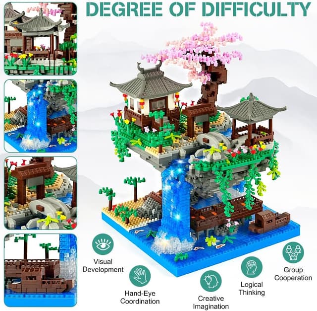 Detalle de HOTUT Cherry Blossom Tree Building Set (2705 pcs) with Japanese Sakura House Lights Kit