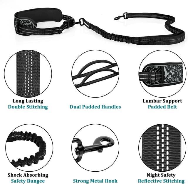 Detalle de PHILORN Philorn Joggingleine für große Hunde mit Bauchgurt, freihändigem Laufleine-System und reflektierenden Nähten (Schwarz)