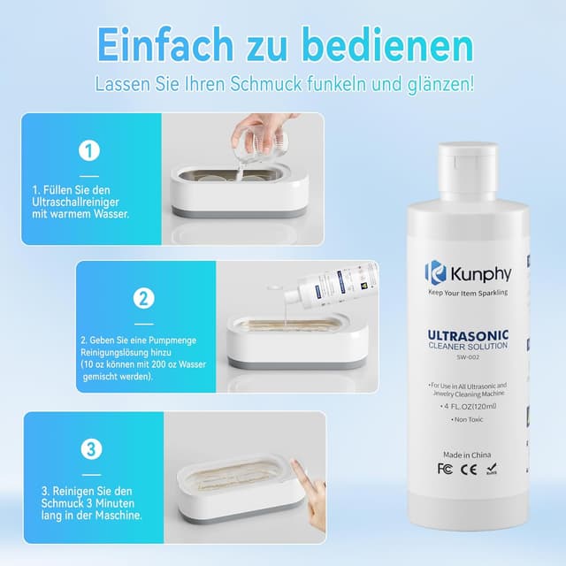 Detalle de KUNPHY Ultraschallreiniger Konzentrat (120 ml) für Schmuck, Brillen, Silber und Uhren