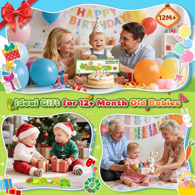 Detalle de Caterpillar Montessori wooden puzzle toy for 1–2 year olds (caterpillar colour sorting & shape matching)