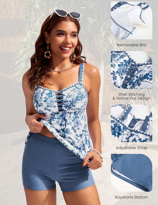 Detalle de Kate Kasin Tankini Swimsuit Set for Women (2026) — Tummy Control Two-Piece with Floral Tank Top