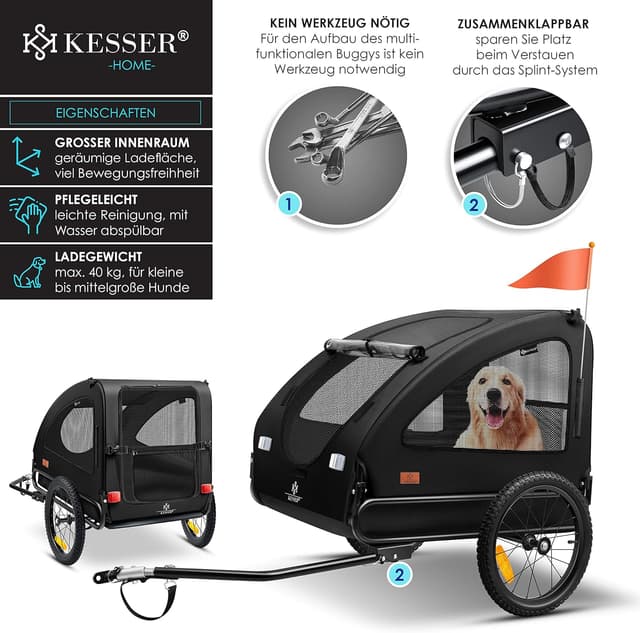 Detalle de KESSER Hundeanhänger Boxer 2-in-1 als Hundebuggy & Fahrradanhänger (groß, ca. 250 l) bis 45 kg