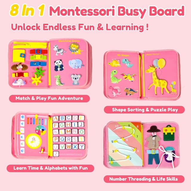 Detalle de Qizfun Toddler Busy Board Montessori Toys – 8-Page Sensory Busy Book for Travel
