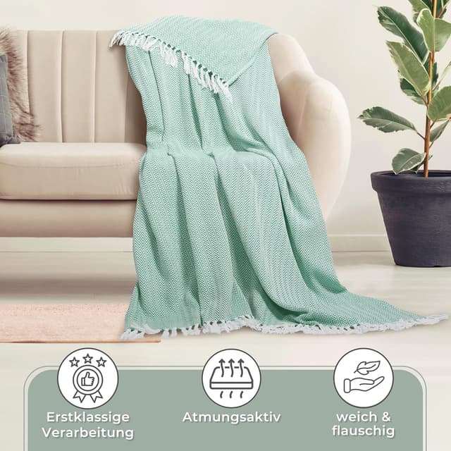 Detalle de Gräfenstayn Premium Tagesdecke mit Fransen – 100% Baumwolle, Fischgrätenmuster, 150 x 200 cm (Mint)