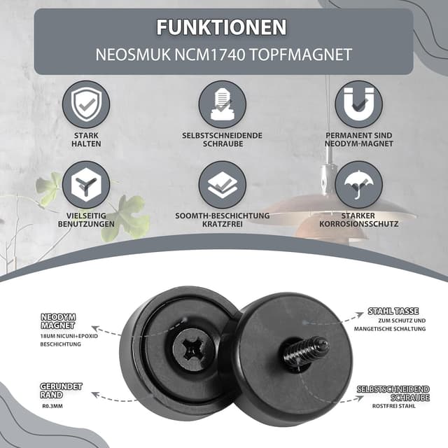 Thumbnail 6 de Neosmuk Magnete (17 mm Durchmesser), schwarz, mit Loch – ideal für Holzwand, Whiteboard, Tür & Küche (10 Stück)