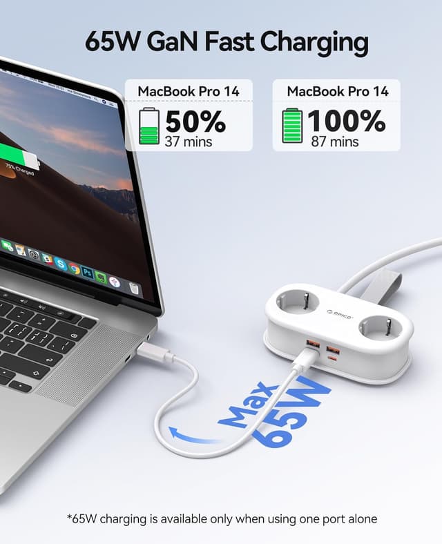 Detalle 2 de ORICO AP3 Bianco GaN 65W: presa da viaggio multipla 6-in-1 con USB-C 65W e cavo retrattile 1,6 m