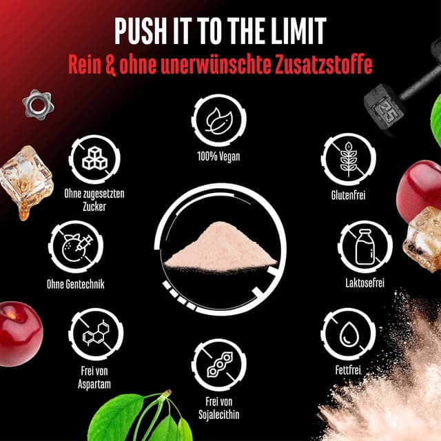 Detalle de Push it to the Limit Pre Workout mit L-Arginin, Citrullin & Koffein – Hochdosiert, 360 g (Cherry Kiwi) – 15 Anwendungen