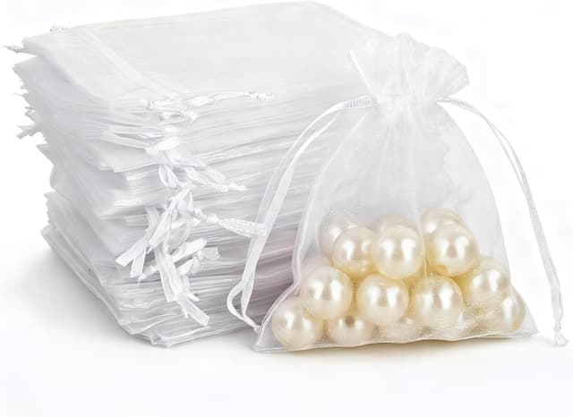 Detalle de MAOOY 100 Organzasäckchen (7×9 cm) mit Kordelzug – Schmuckbeutel für Hochzeit, Geburtstag & Party