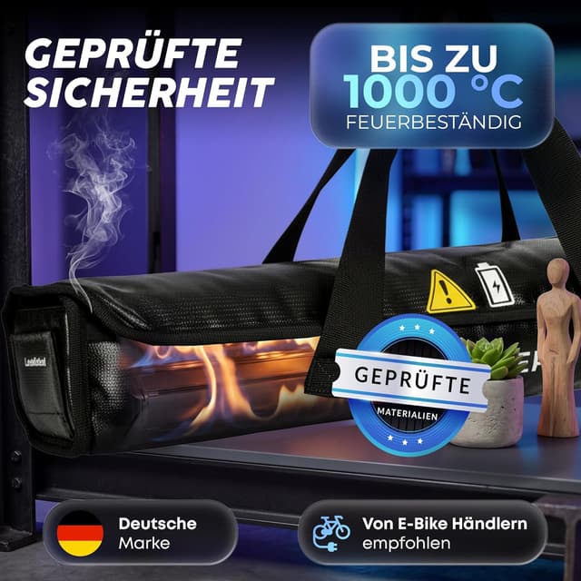 Detalle de VALKENBERG E-Bike Akku Tasche (Größe L) – feuerfeste Akkubox mit Kabeldurchführung & Trageschlaufe