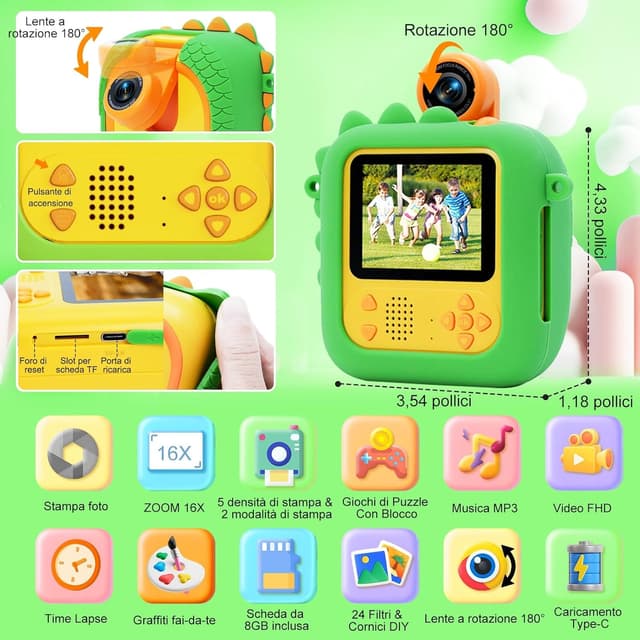 Detalle 2 de ARNSSIEN Macchina Fotografica Bambini istantanea con obiettivo 180° flip e schermo 2,4" (1080P) – kit con carta e colori