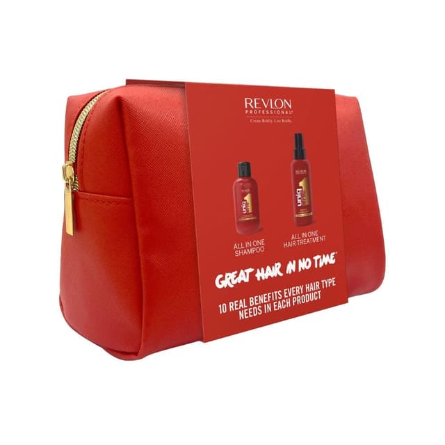 Detalle de REVLON PROFESSIONAL UniqOne Pflege-Set (Shampoo & Leave-in Spray) mit Kosmetiktasche für unterwegs