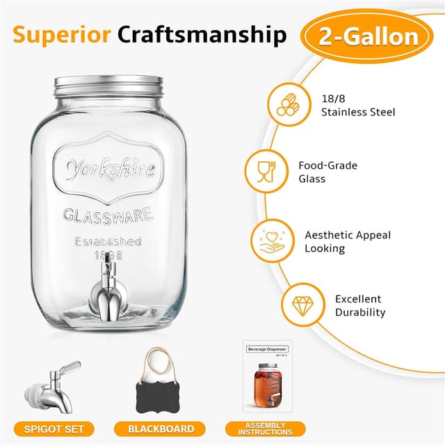 Detalle 1 de 2 Gallon Glass Beverage Dispenser with 18/8 Stainless Steel Spigot and Lid