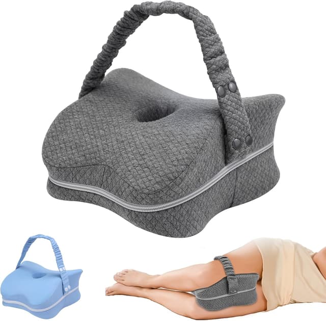 Detalle de Knee Pillow for Side Sleepers & Sciatica Pain Relief with Memory Foam Core, Detachable Strap, Two Covers (Blue & Grey) – One Pillow Only