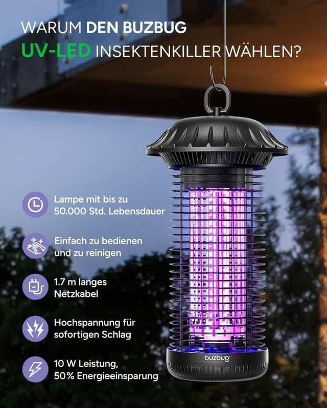 Detalle de Buzbug LED Insektenvernichter MO-008C mit Dual-Band-LED (365/395 nm) für innen & außen
