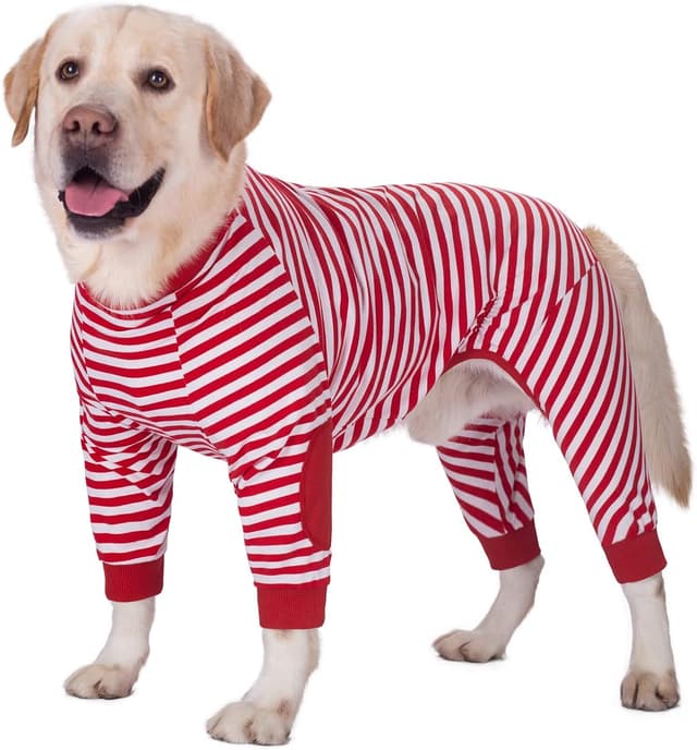Detalle de BT Bear Large Dog Clothes dog pyjamas jumpsuit (striped cotton, zip) – 8” back length, red