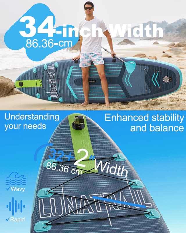 Detalle de LunaTrail 11' x 34" Extra-Wide Inflatable Stand Up Paddle Board (SUP) Complete Kit for Yoga, Surfing & Family Fun