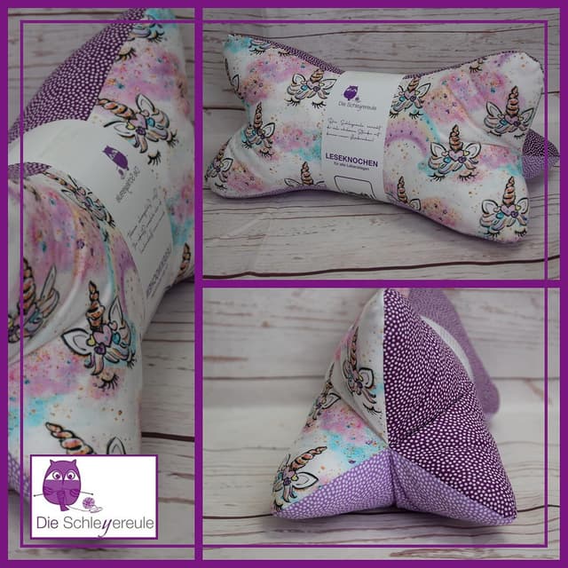 Detalle de Leseknochen Nackenkissen „Einhorn Lila“ – handgestopft & waschbar, als Nackenrolle, Buchstütze und Dekokissen