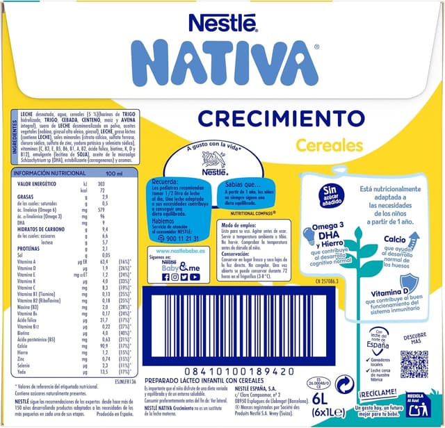 Detalle 2 de NESTLÉ NATIVA Leche de crecimiento con cereales 6L