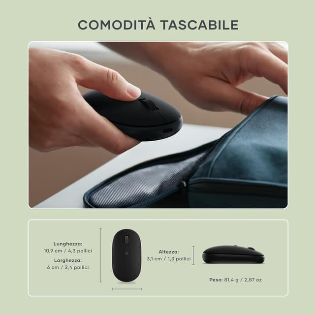 Detalle de Satechi OntheGo™ Mouse Wireless con ricarica USB‑C e Bluetooth multi-dispositivo (fino a 3) – Nero