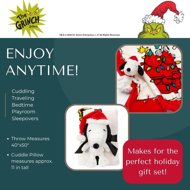 Detalle de Franco Peanuts Snoopy Holiday & Christmas Kids Bedding 2-Piece Plush Pillow and Throw Set, 40 in x 50 in