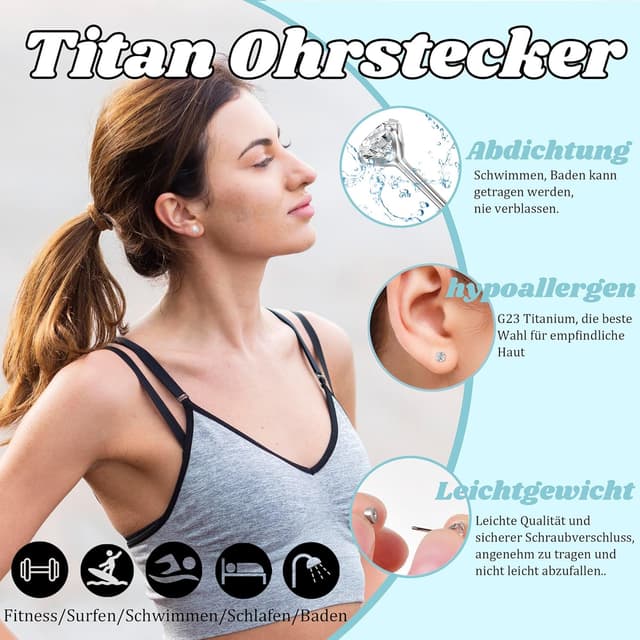 Detalle 2 de Titan Ohrstecker Hypoallergen G23 mit Schraubverschluss und Zirkonia (3/4/5 mm)