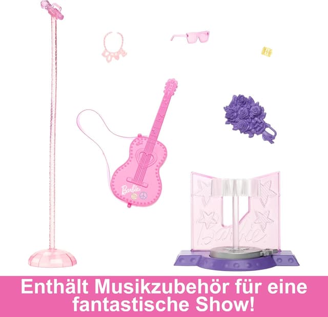 Detalle de Barbie Sängerin-Puppe Zubehör-Set zur 65. Jubiläumsedition (HRG43) mit Bühnen-Clip, Mikrofon, Gitarre & High Heels