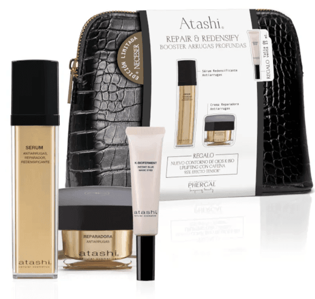 Detalle de Atashi Neceser Repair & Redensify: ritual antiedad con sérum, crema reparadora y contorno de ojos
