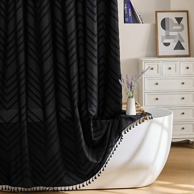 Detalle de Siiluminisoy Black Boho Fabric Shower Curtain (72 x 72) with Tufted Chevron Design