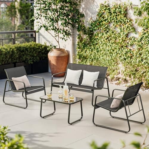 Detalle de Bealife conjunto de muebles de jardín de 4 piezas (3 sillones + mesa de vidrio) en tela Teslin, negro