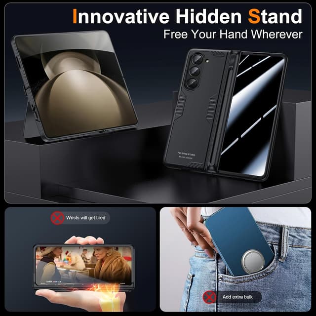 Detalle de KAIIECAL Slim Hinge Kickstand Case for Samsung Galaxy Z Fold 5 with Privacy Screen Protector & S Pen Holder (Black)