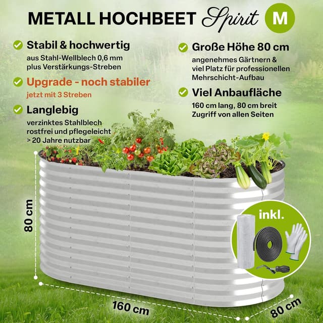 Detalle de TTL GARDEN Spirit M Metall-Hochbeet 160 x 80 x 80 cm (oval), verzinkter Stahl, silber