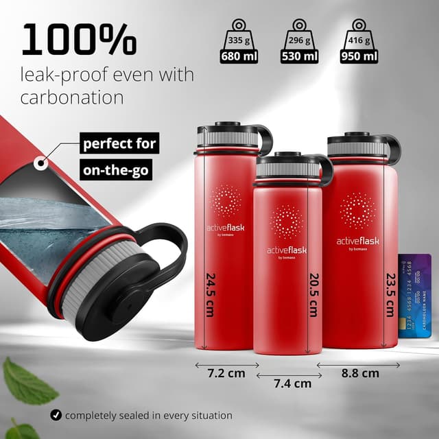 Detalle de BeMaxx ACTIVE FLASK stainless steel water bottle with straw and 3 leak-proof lids