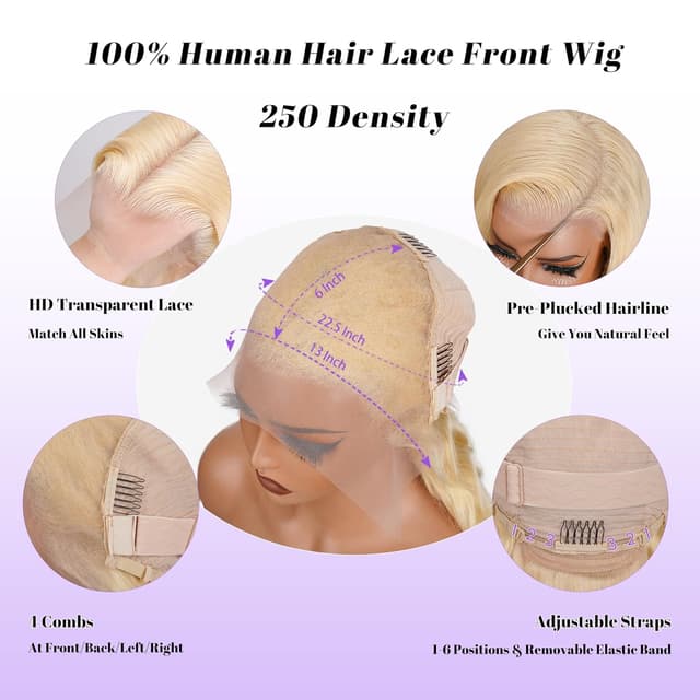 Detalle 2 de 613 13x6 Lace Front Wig (Human Hair) 250 Density, 30 Inch Body Wave Blonde HD Lace Frontal