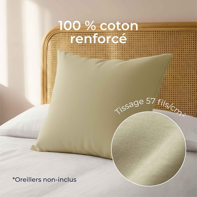 Detalle de Dreamzie Taie d’oreiller 65x65 en coton renforcé (set de 2) beige, tissage serré 57 fils/cm², certifié Oeko-Tex
