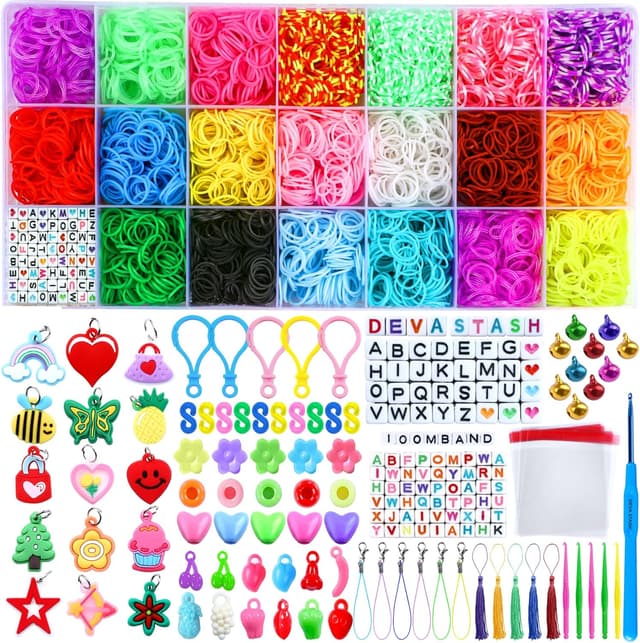 Detalle de DEVA Stash Loom Bands Kit (20 Colours) – DIY friendship bracelet making set with clips, charms and refills