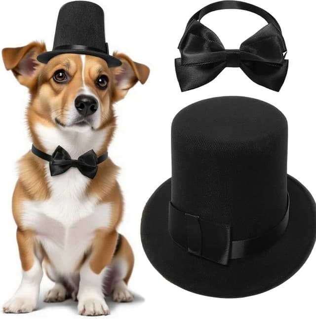 Detalle de Ling & Bai Pet Formal Costume Set (2 pcs) – Dog Top Hat with Necktie and Bowtie, Black