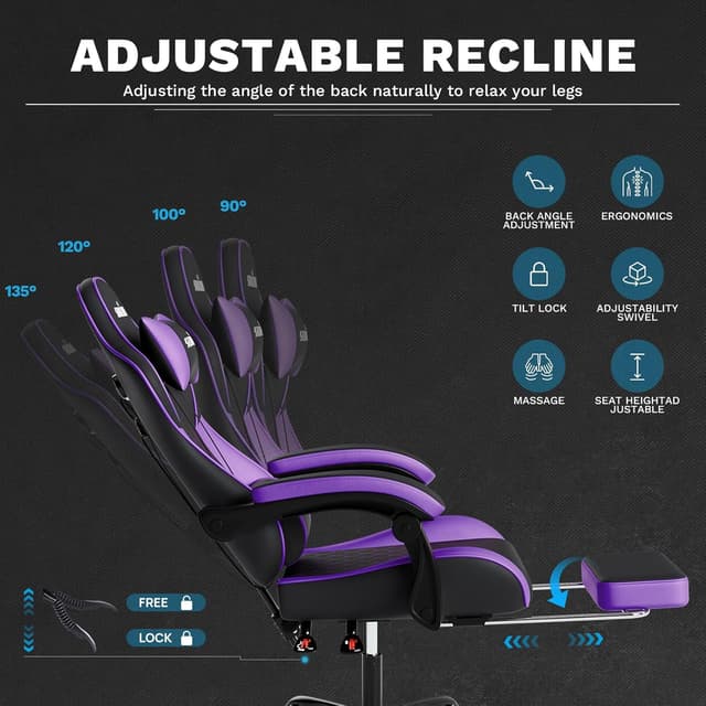Detalle 2 de SUKIDA Gaming Stuhl mit Fußstütze – ergonomischer Stuhl mit 90–135° Rückenlehne, Lendenwirbelstütze (Blackpurple)