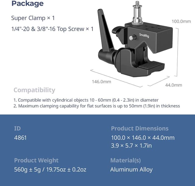 Thumbnail 6 de SMALLRIG Kit de super pince 4861 : charge max 15 kg, vis 1/4"-20/3/8"-16 sur goujon 5/8