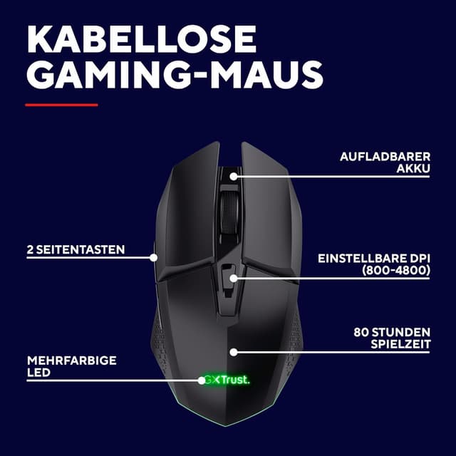 Detalle 2 de GXTrust Vylax 1108 kabellose Gaming-Maus mit 80 Stunden Akkulaufzeit, 800–4.800 DPI und 6 Tasten