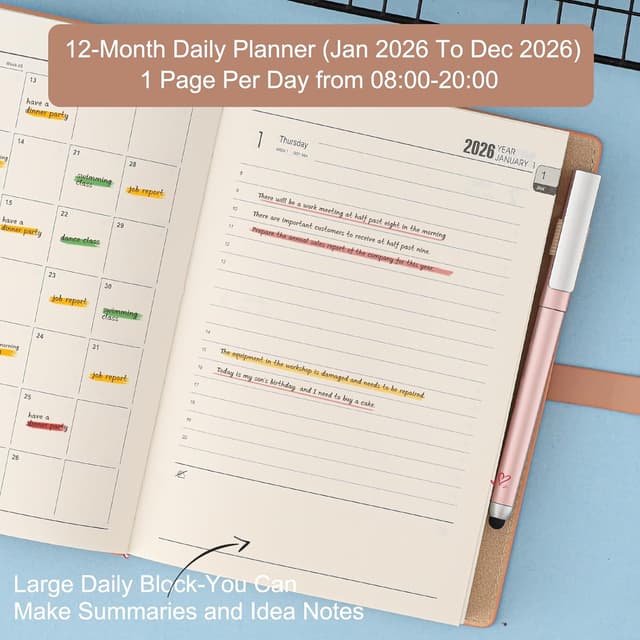 Detalle de Akademischer Terminplaner 2026 A5 (ein Tag pro Seite) – rosa mit Stifthalter & Kalenderaufklebern