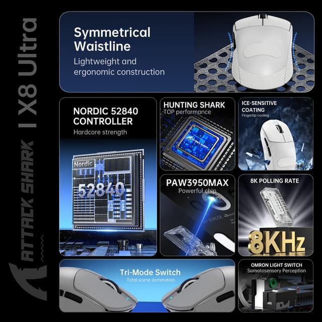 Detalle de Attack Shark X8 Ultra 55g gaming mouse (PixArt PAW3950MAX, 8KHz, tri-mode wireless/BT/wired)